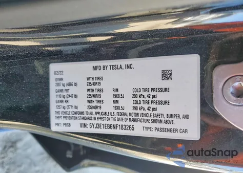 2022 Tesla Model 3 z USA, uszkodzony, nr VIN 5YJ3E1EB6NF183265